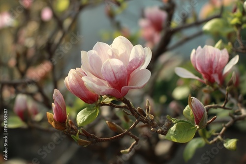 Delicate Pink Magnolia Blossoms in Full Bloom on a Sunny Spring Day