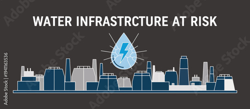 Water infrastructure at risk concept. Industrial plant silhouette with cracked water droplet and lightning bolt. Vector illustration