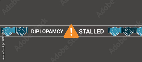 Diplomacy stalled concept with handshake and warning triangle. Flat design vector illustration of interrupted negotiations