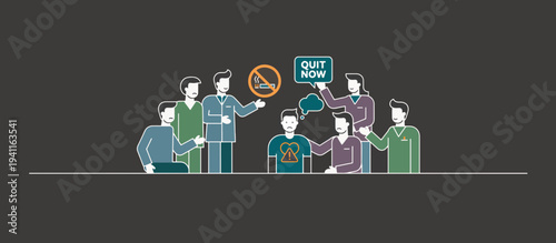 Medical consultation and smoking cessation support group concept. Vector illustration of doctor advising patient to quit