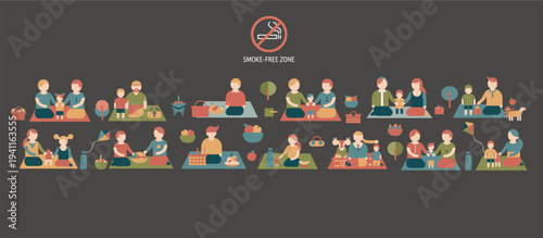 Family picnic in a smoke free zone. Flat design vector illustration of people relaxing outdoors