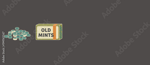 Vintage mint box and pile of fresh breath candies. Retro flat design vector illustration