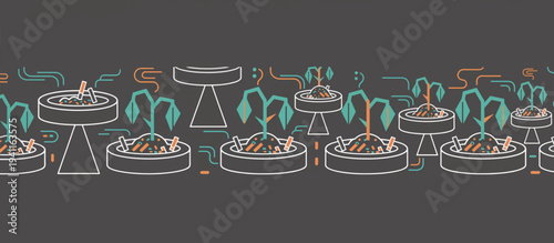Wilting plants growing in full ashtrays concept. Anti-smoking and environmental pollution linear vector illustration