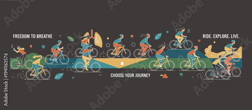 Group of friends cycling and healthy lungs concept. Active lifestyle and freedom to breathe flat design vector banner