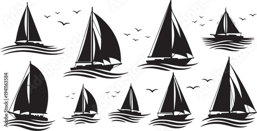 Sailing Boats on Water with Birds in Flight Silhouette