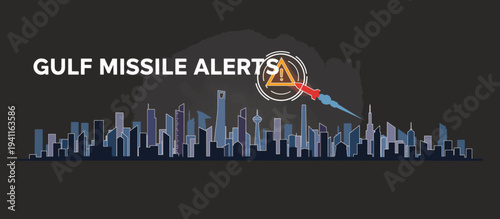 Gulf missile alerts concept with city skyline silhouette. Incoming rocket warning symbol. Flat design vector illustration