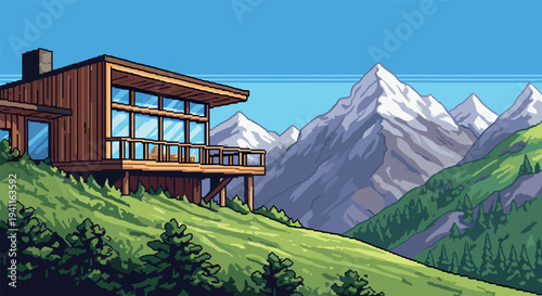 Modern cabin retreat with mountain view in vibrant pixel art style