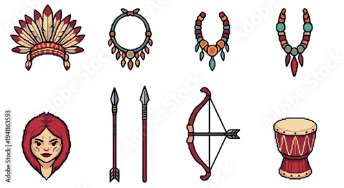Pixel art native american icons featuring traditional headwear and craftsmanship