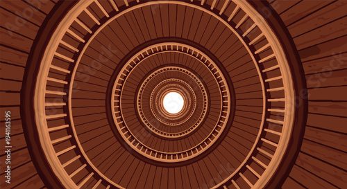 Spiral staircase tunnel with wooden structure and symmetrical pattern