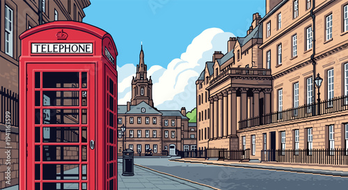 Vintage urban street scene with iconic red phone booth and classic architecture
