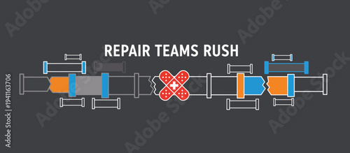 Pipeline repair and maintenance concept. Broken pipe with red bandage and text. Flat design vector illustration