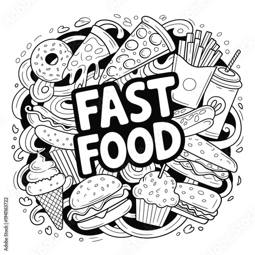 Doodle illustration featuring various fast food items in a circular design