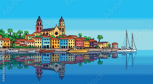 Colorful coastal town with boats and reflection on calm water
