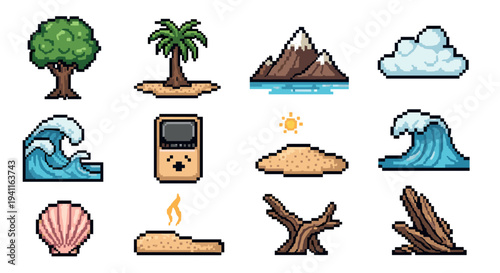 Pixel art nature icons: trees, waves, mountains, clouds, and beach elements