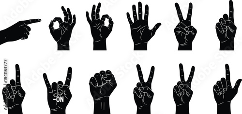American Sign Language hand gestures, silhouette illustration, communication signs, deaf hard hearing support, symbolic finger positions, vector design art