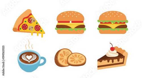Delicious fast food and dessert items including pizza, burgers, coffee, and pie for a tasty meal