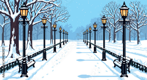 Snowy winter park path with benches and lamp posts in pixel art style