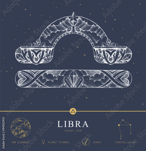 Modern magic witchcraft card with astrology Libra zodiac sign characteristic. Hand drawing art product. Vector illustration