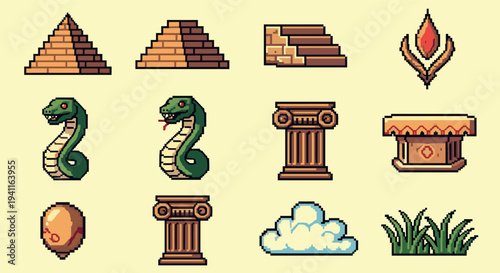 Retro pixel art icons featuring ancient pyramid and mythical snake