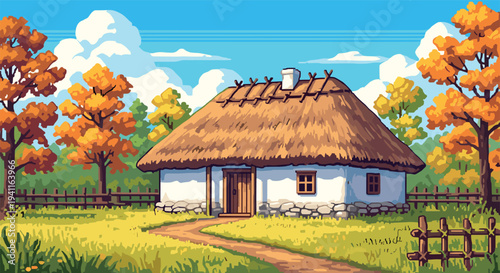 Charming rustic cottage in colorful autumn landscape with pixel art style
