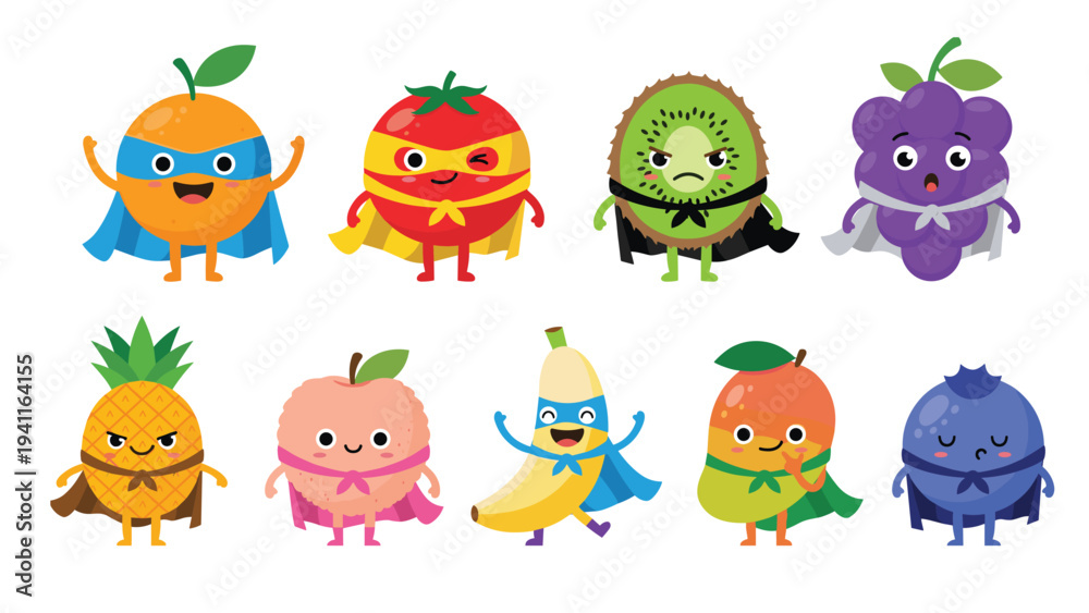 Naklejka premium Super Cute Fruit Heroes Cartoon Pack Fun Vibes Kids Mascot