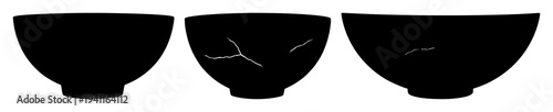 Kintsugi pottery bowl set with solid black silhouette and visible repair cracks in minimalist style featuring art, repair, traditional Japanese ceramics with black and white and silhouette