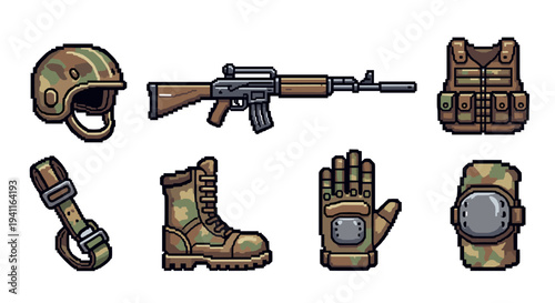 Pixel art military gear set featuring helmet, rifle, and camouflage accessories