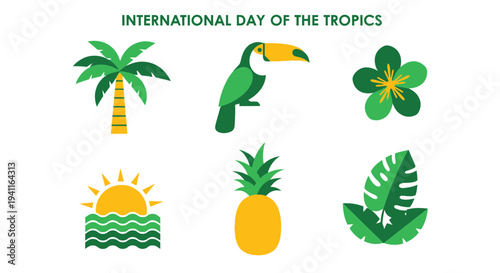 Graphic elements for International Day of the Tropics palm toucan flower sunsea pineapple leaves