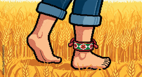 Retro pixel art of feet walking in golden wheat field with folk anklet