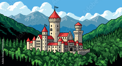 Pixel art castle in mountain landscape with red roofs and scenic forest view
