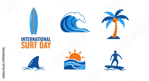 Graphic elements for International Surf Day featuring a surfboard wave palm tree shark fin sun and surfer