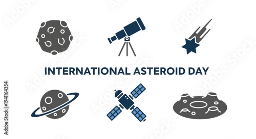 Graphic for International Asteroid Day featuring space icons and text