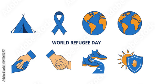 Graphic icons for World Refugee Day including a tent ribbon globes hands boots and shield