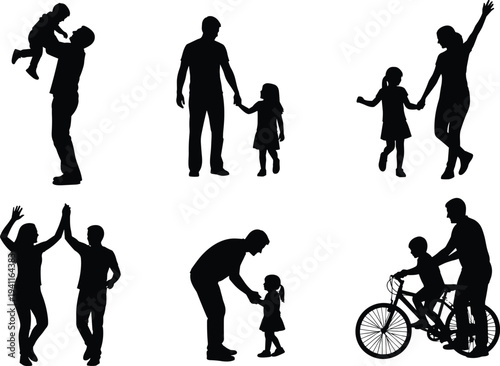 Collection of black and white silhouette vector illustrations featuring family activities, parents playing with children, and father teaching son cycling.