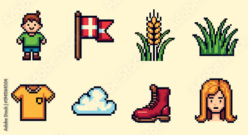 Retro pixel art collection: characters, nature, and everyday objects