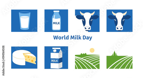Illustration for World Milk Day with dairy products cows and farmland graphics