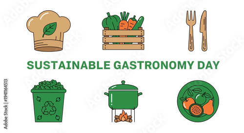 Illustration for Sustainable Gastronomy Day with six green icons
