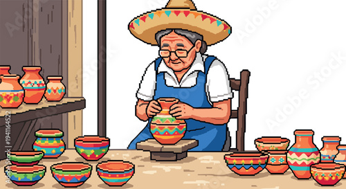 Elderly artisan crafting traditional pottery in colorful mexican style pixel art