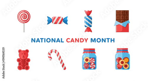 Illustration of various candies and the text NATIONAL CANDY MONTH