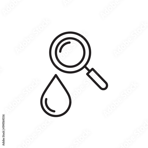 Magnifying glass searching for liquid droplet icon. Professional symbol for water quality analysis and oil discovery.
