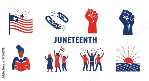 Juneteenth icons in red white and blue flag broken chain raised fists reader celebration sunrise