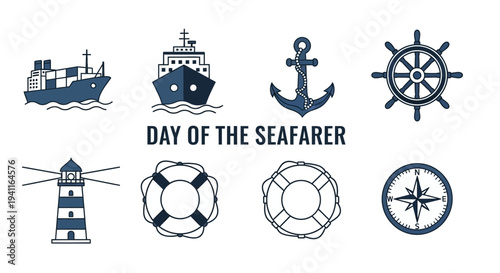 Nautical icons for Day of the Seafarer blue and white vector graphics