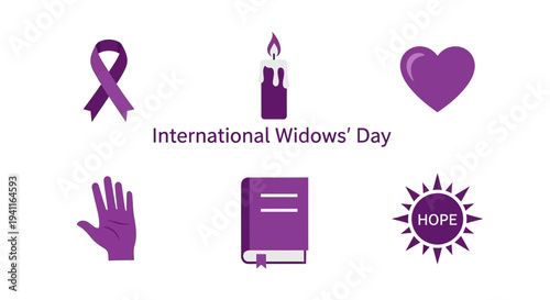 Purple icons for International Widows Day ribbon candle heart hand book sun