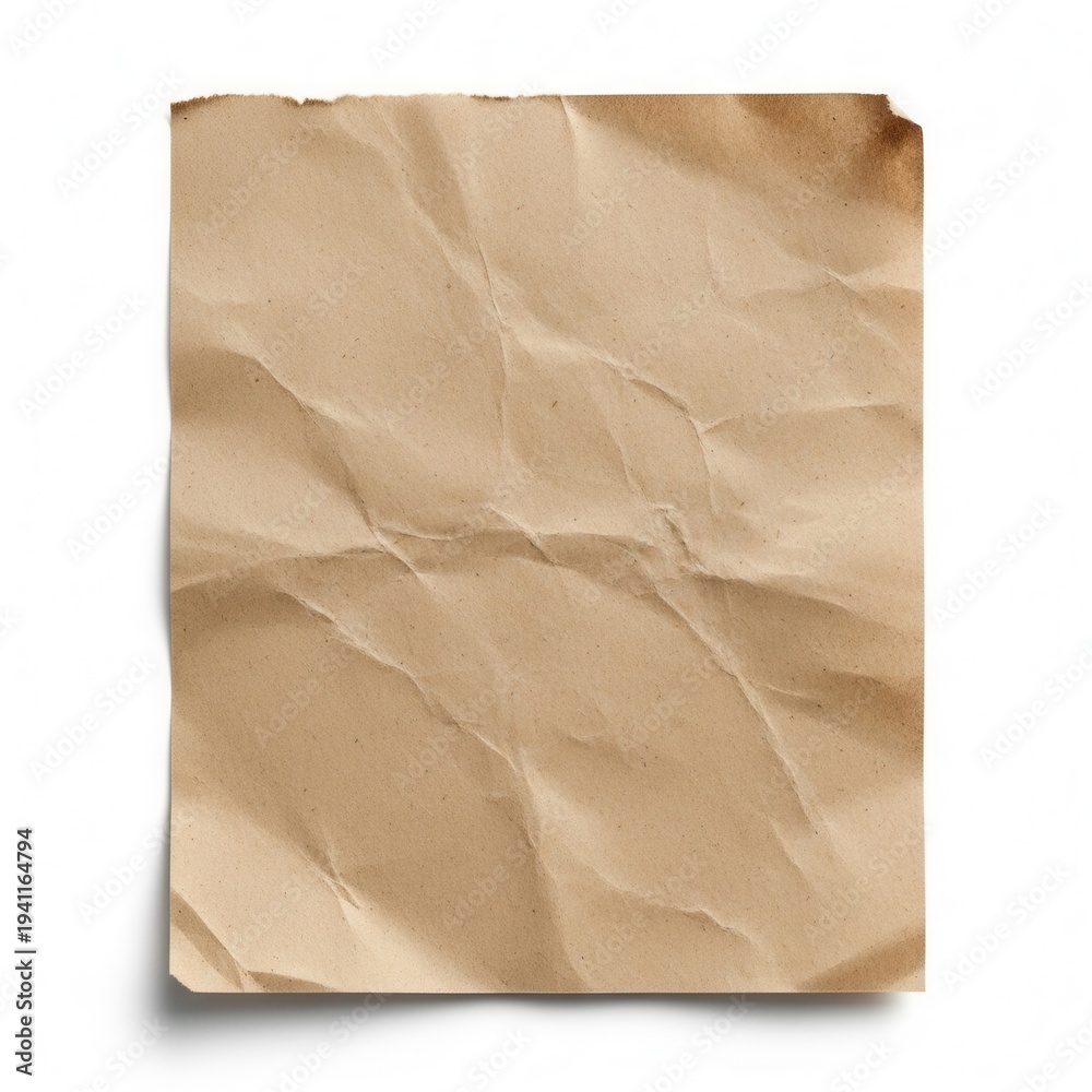 Fototapeta premium Crumpled brown paper bag with natural texture and creases isolated on white background