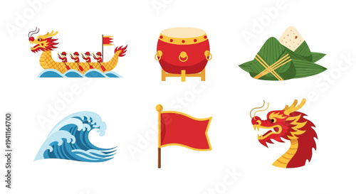 Six flat icons related to the Dragon Boat Festival including a boat drum food wave flag and dragon head