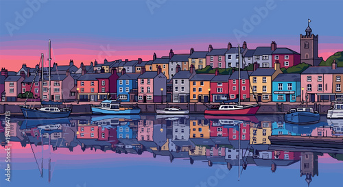 Charming coastal townscape at dusk with reflections and vibrant sky