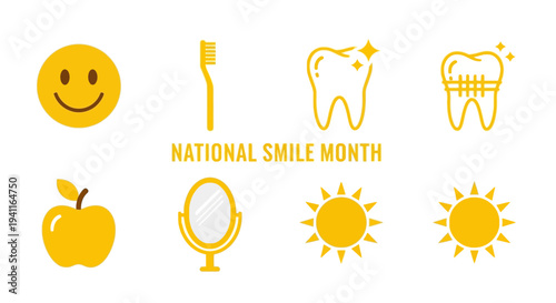 Yellow icons for National Smile Month emoji toothbrush teeth apple mirror and suns