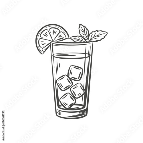 A vintage style sketch of a tall glass containing iced drink with citrus and mint
