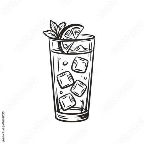 A refreshing sketch of a tall glass filled with a citrus drink and ice