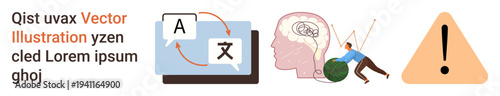 Language tools, brain processes, productivity hurdles, warning signals, digital communication, assistance. Translation interface, brain diagram man pushing globe alert symbol. Language tools